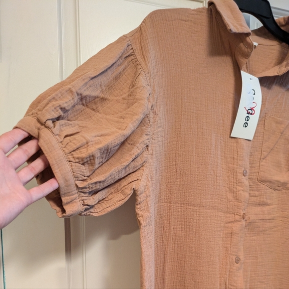 NWT women's oversized medium button down brown hi low tunic top - Picture 3 of 6